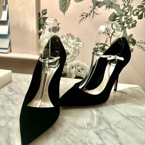 CHRISTIAN DIOR BLACK SUEDE HEELS SHOES WITH METALLIC T STRAP AND BOW - SIZE 38.5